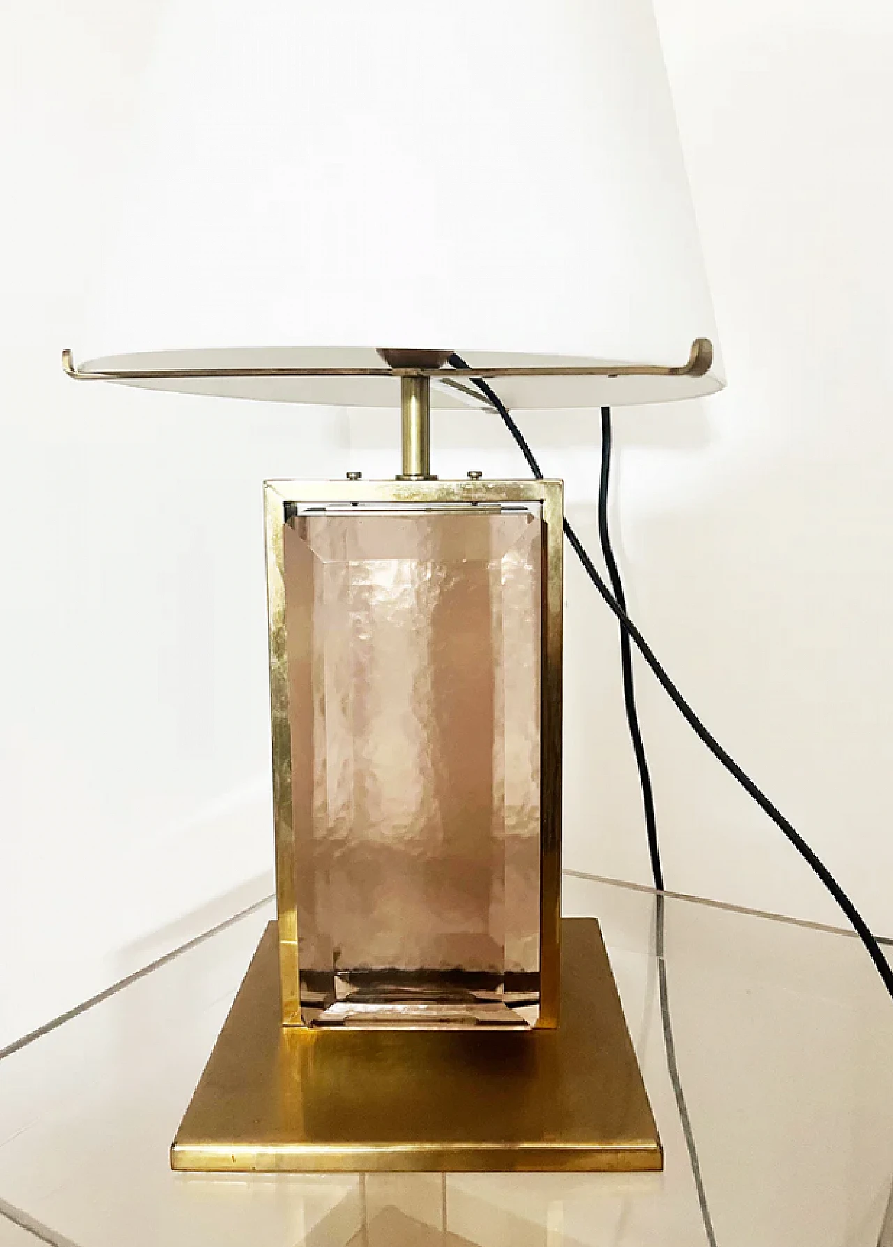 Brass, Murano and satin glass table lamp, 1970s 2