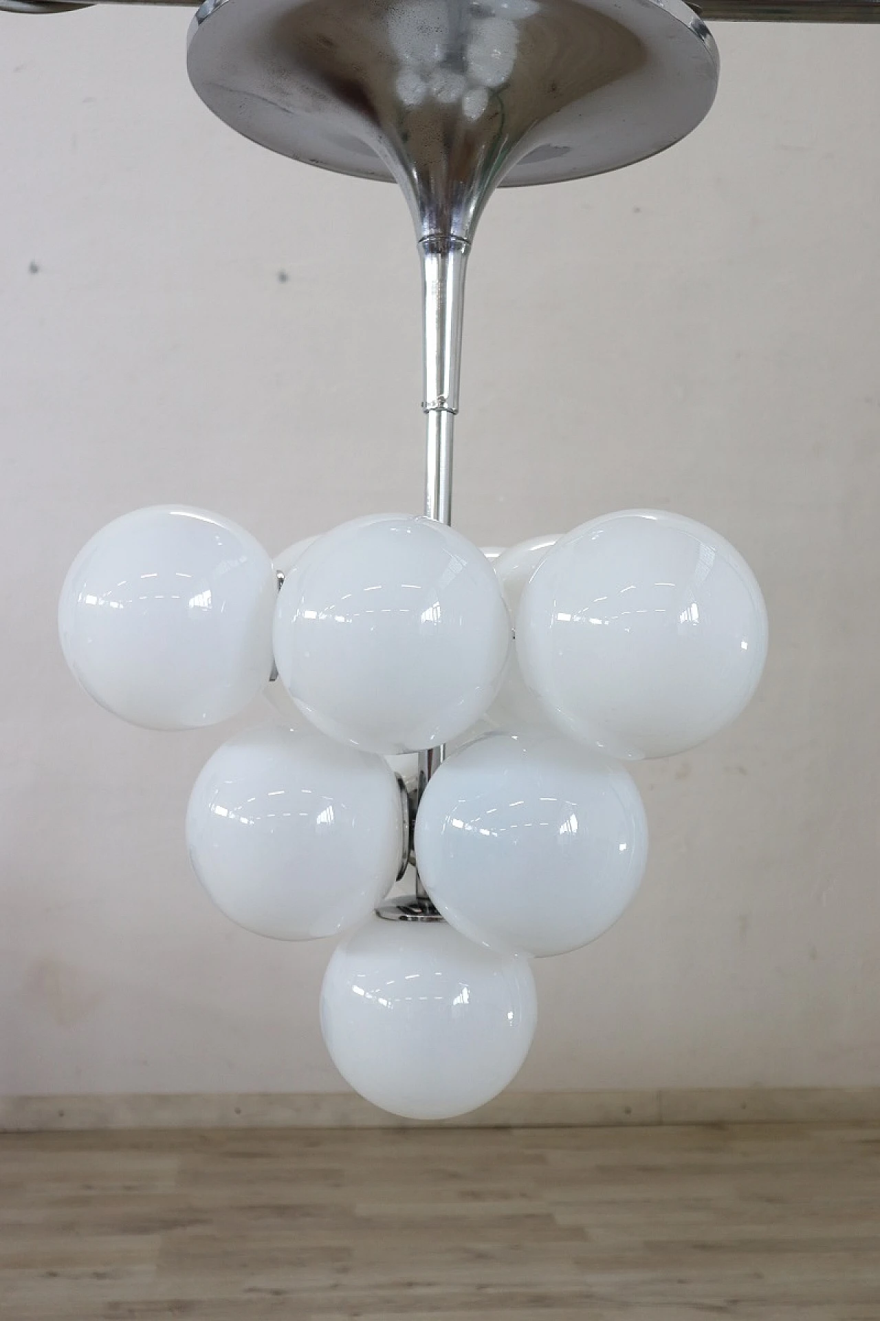 Glass and chromed metal chandelier, by Max Bill for Temde, 1960s 4