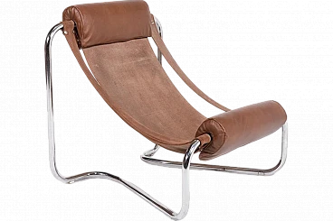 Sculptural Sling armchair in steel and leather, 1970s