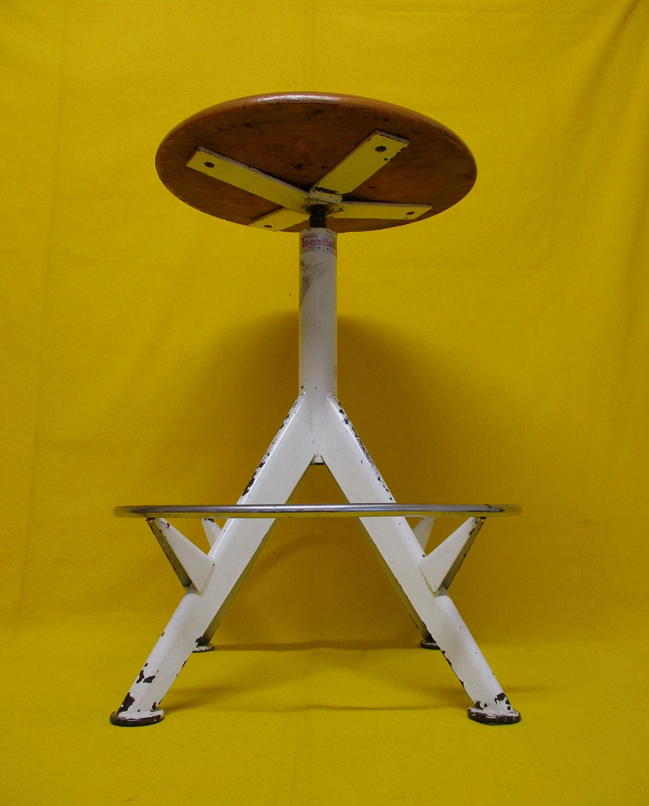 Adjustable metal and beech wood office stool from the 1940s 4