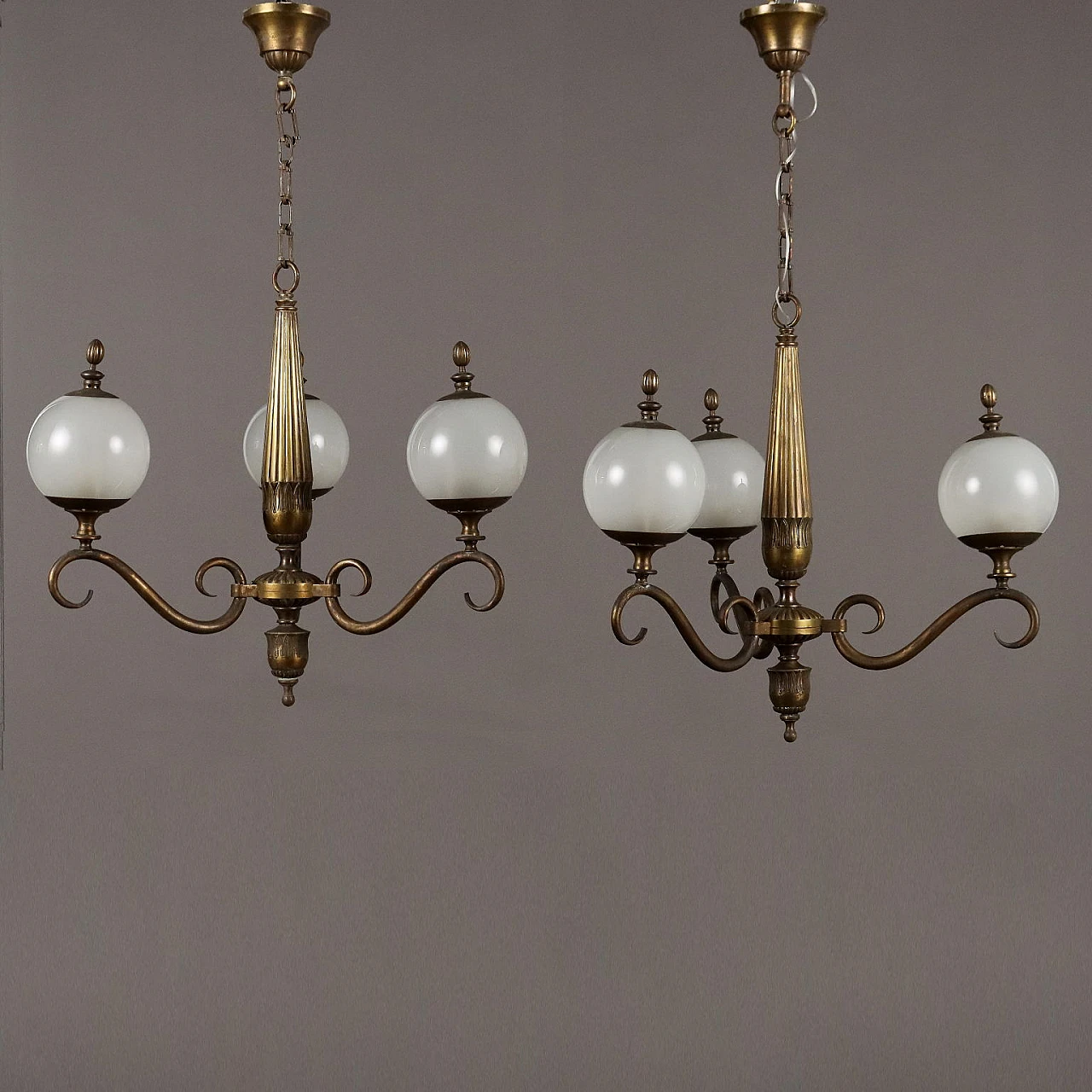 Pair of glass and brass chandeliers, 1950s 1