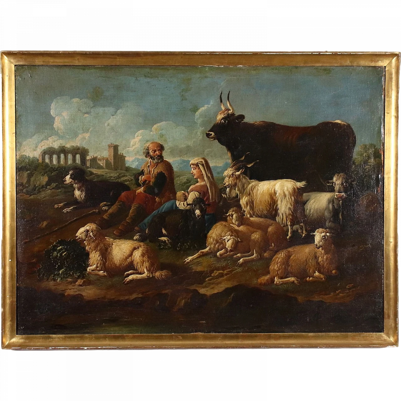 Antique Painting Landscape Shepherds Oil on Canvas XVII Century 11