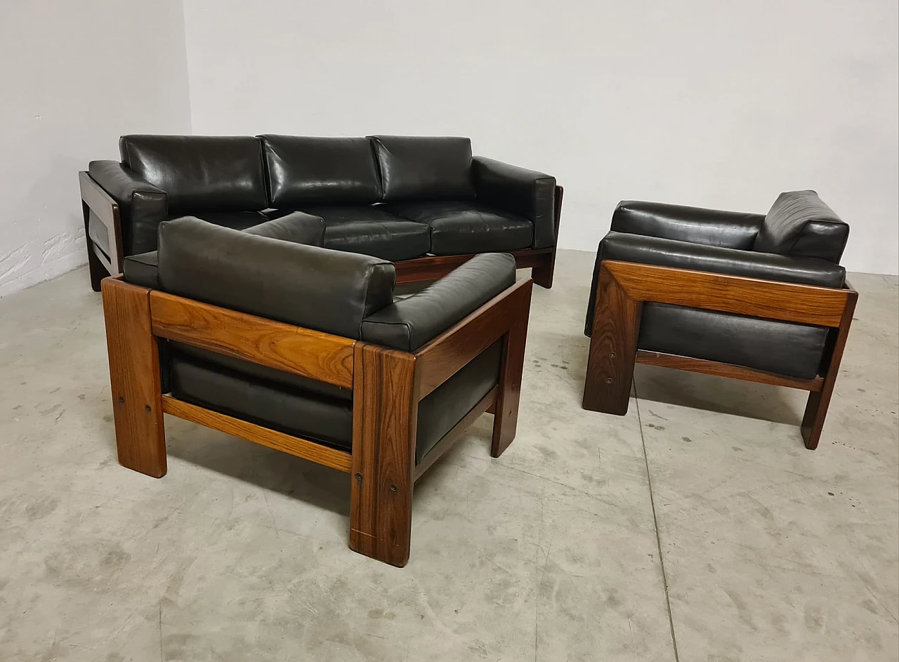 Sofa and 2 armchairs in wood and leather by T.Scarpa for Gavina, 1960s 12