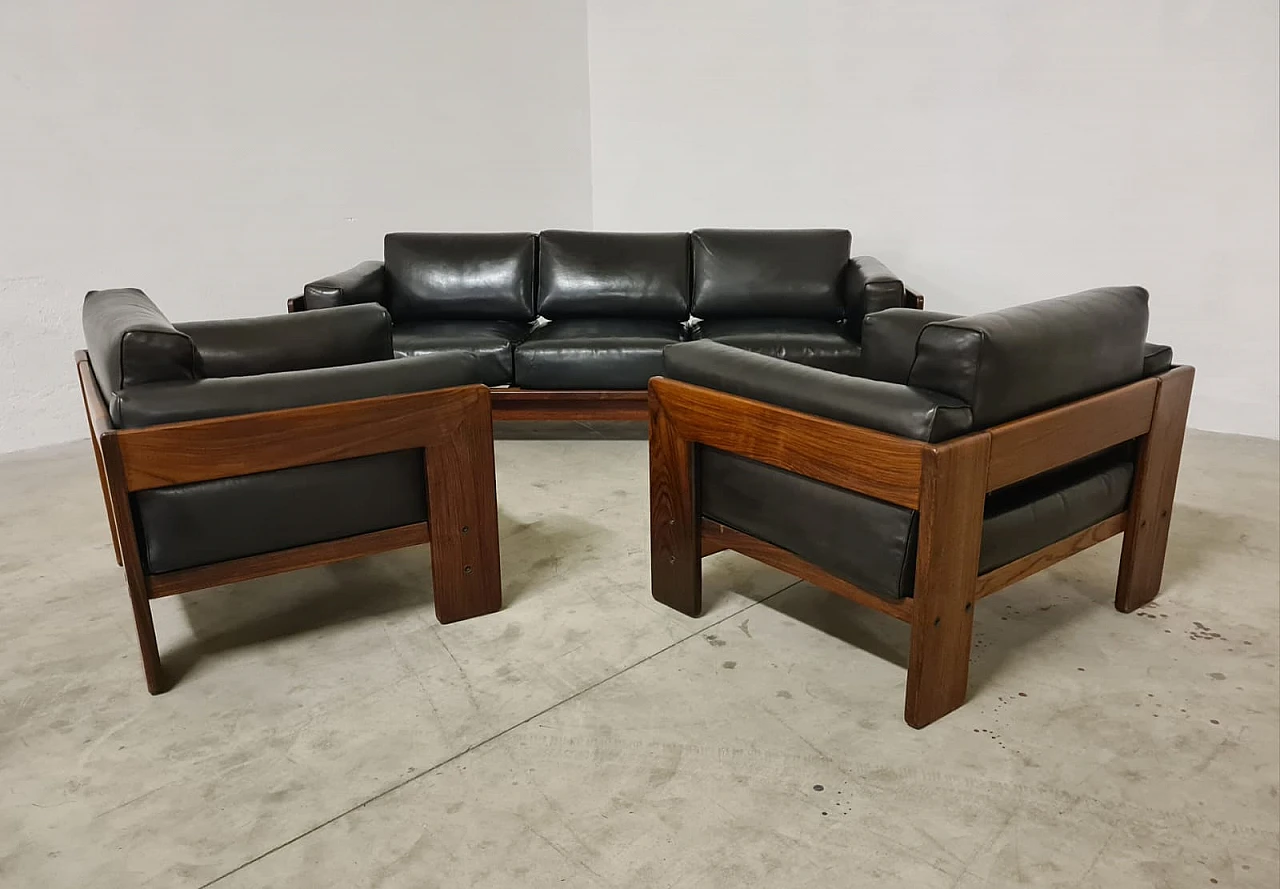 Sofa and 2 armchairs in wood and leather by T.Scarpa for Gavina, 1960s 13