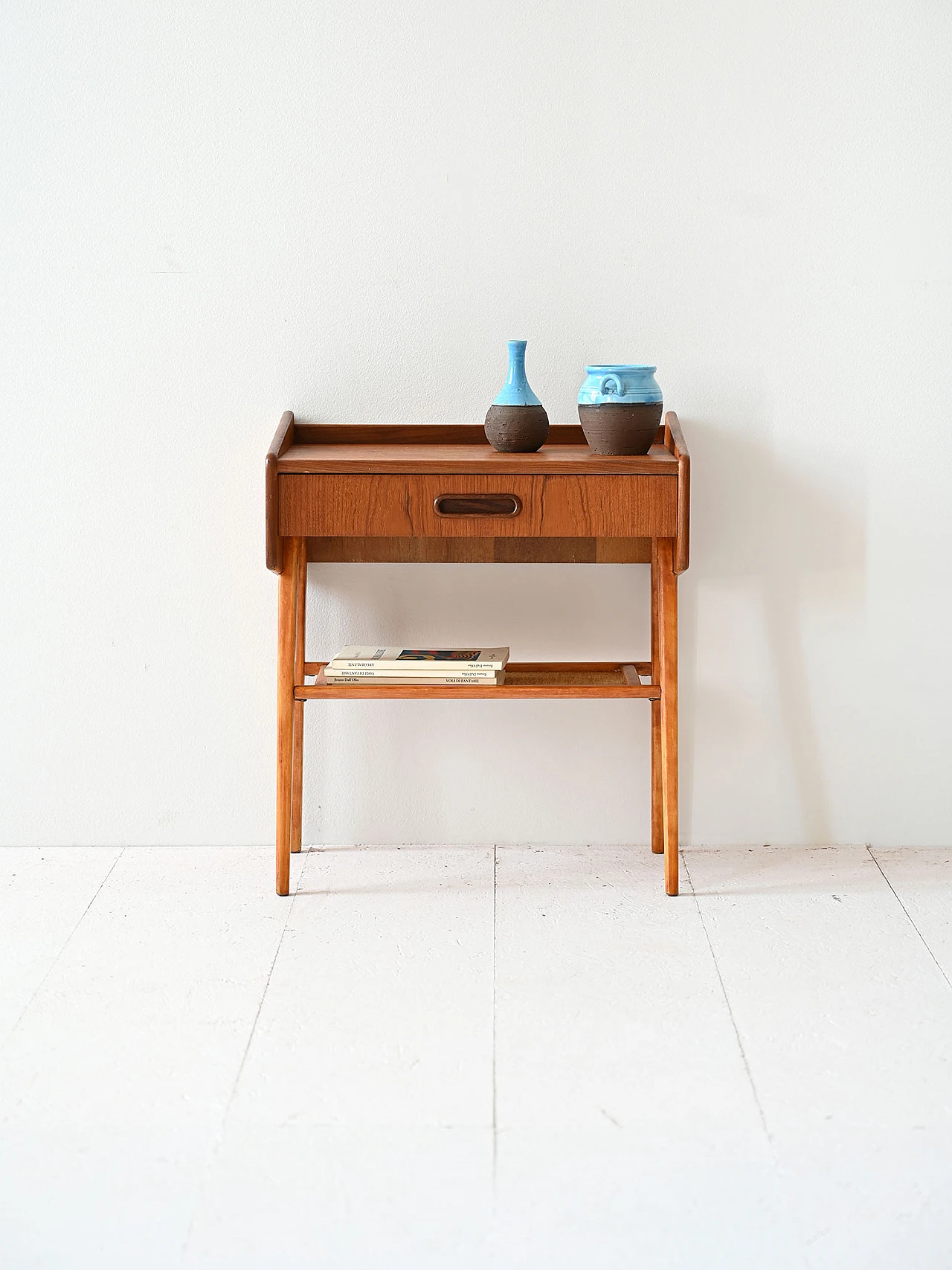 Scandinavian bedside table in teak and rattan 1