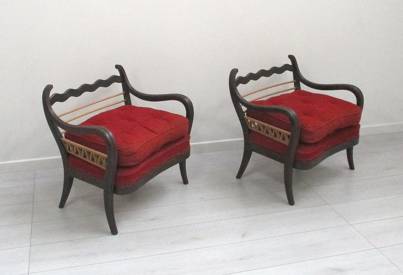 Pair of Paolo Buffa red armchairs in beech wood, 1940s 1