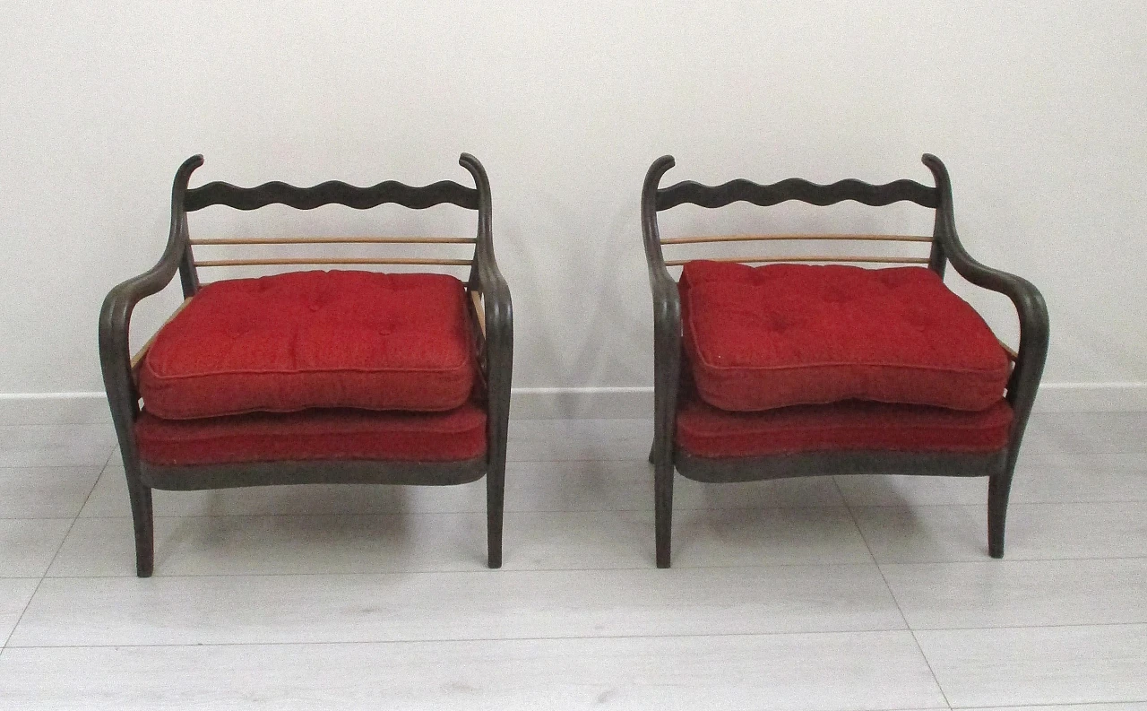 Pair of Paolo Buffa red armchairs in beech wood, 1940s 2