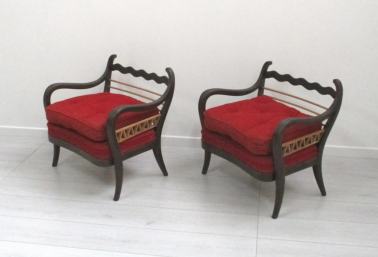 Pair of Paolo Buffa red armchairs in beech wood, 1940s 3