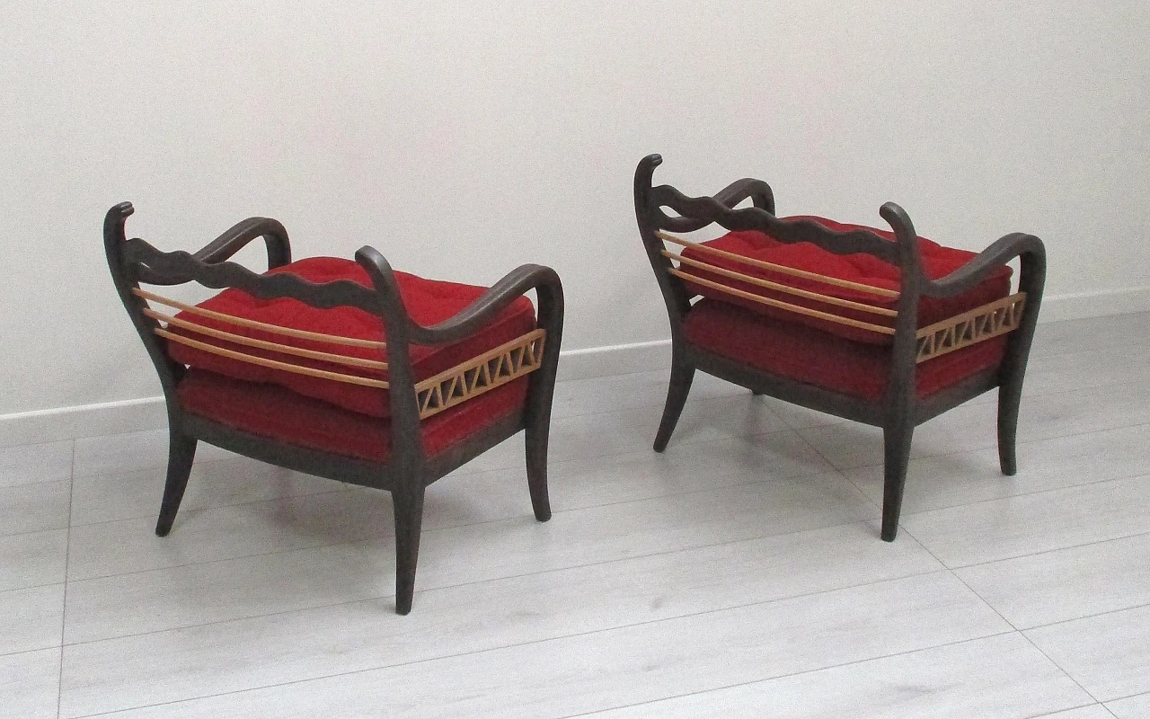 Pair of Paolo Buffa red armchairs in beech wood, 1940s 5