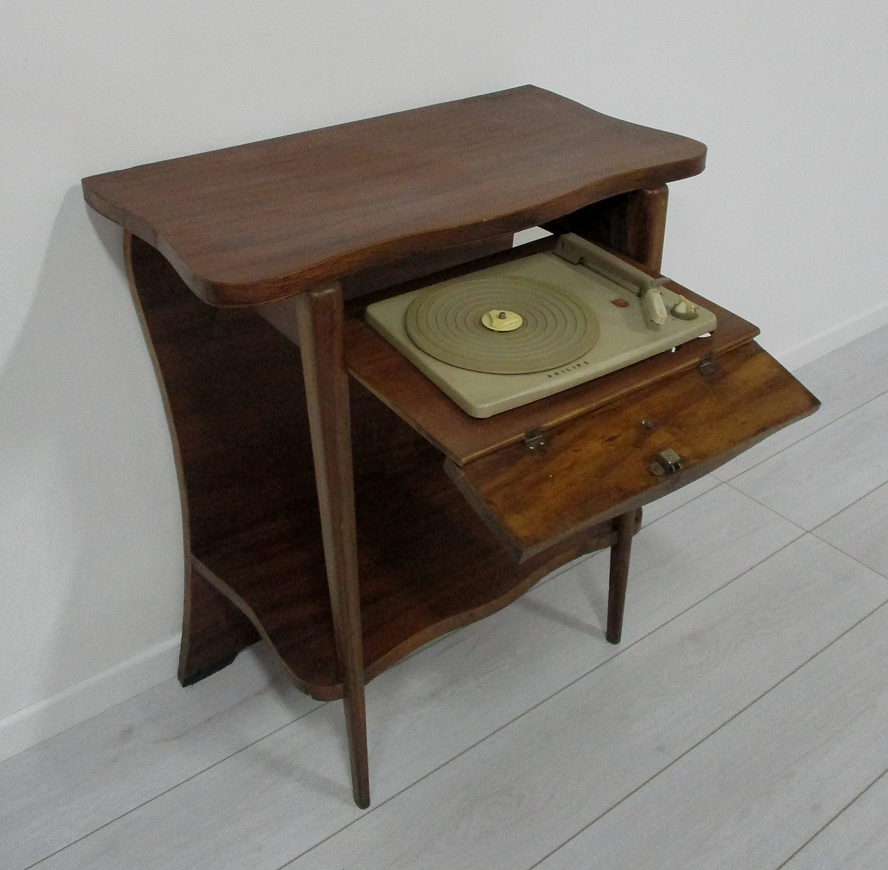 Side table with Philips music turntable in oak wood, 1950s 1