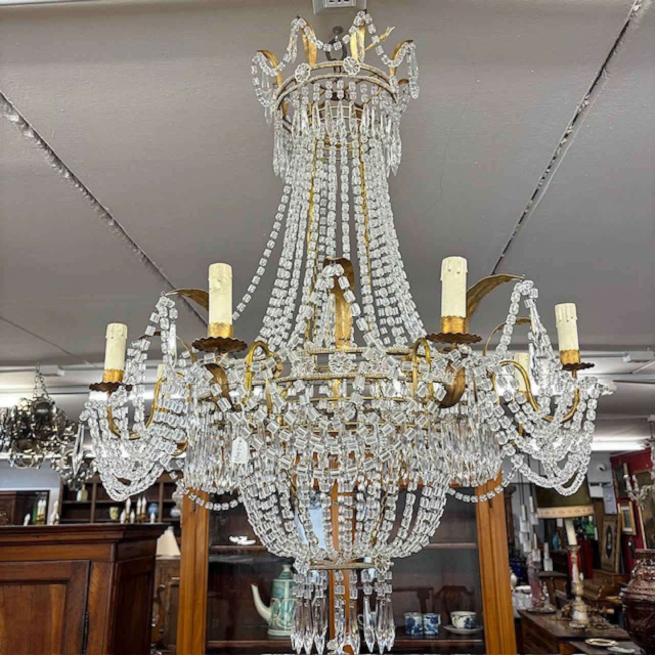 Antico Lampadario Chandelier primi 900 con  8 luci in metallo dorato 6