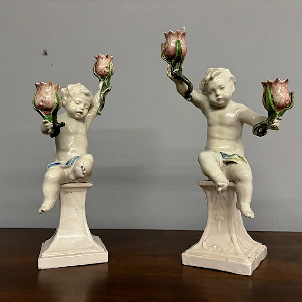 Pair of cherubs candle holders by Angelo Minghetti, late 19th century 3