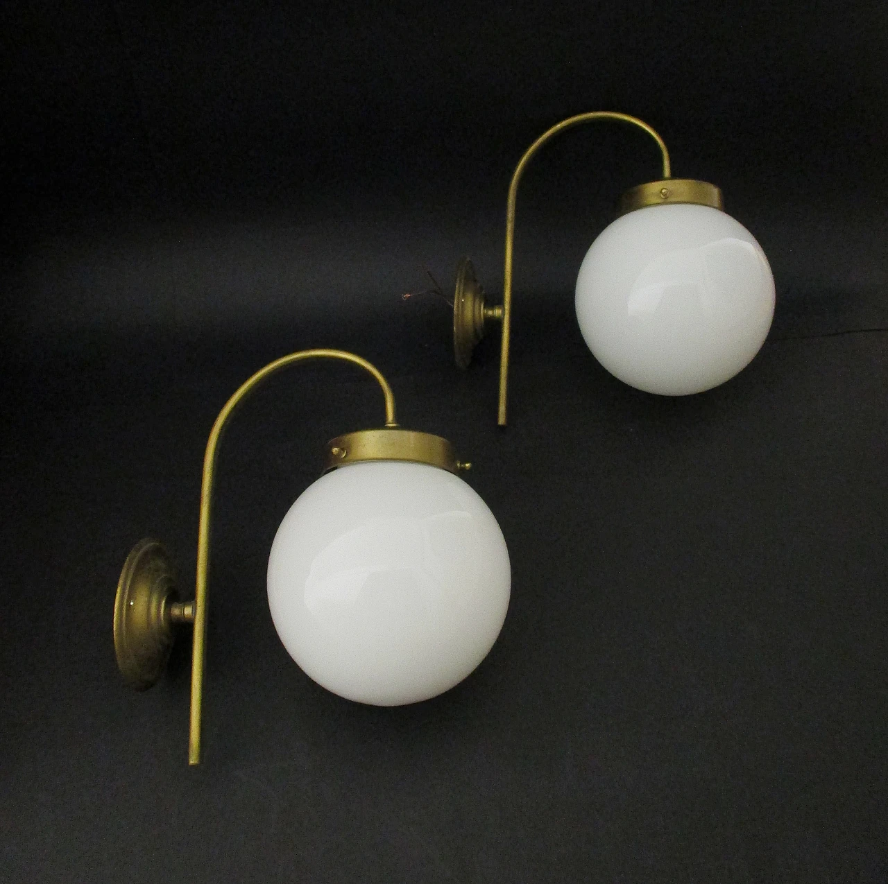 Pair of bistro style wall lights in brass and glass from the 1950s 1