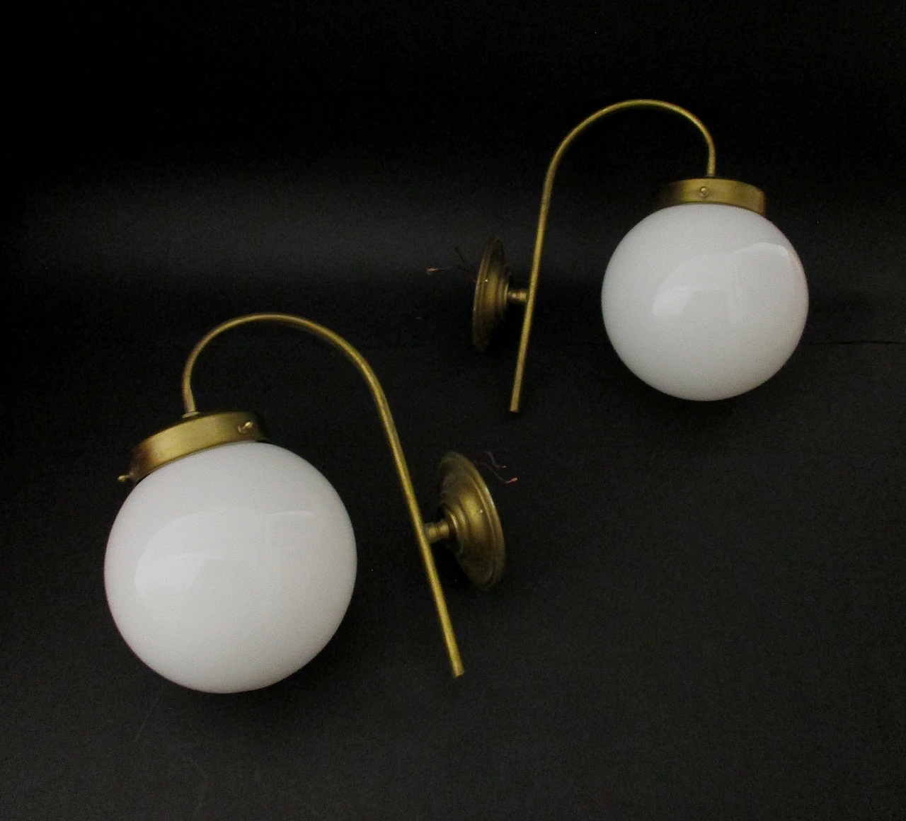 Pair of bistro style wall lights in brass and glass from the 1950s 2