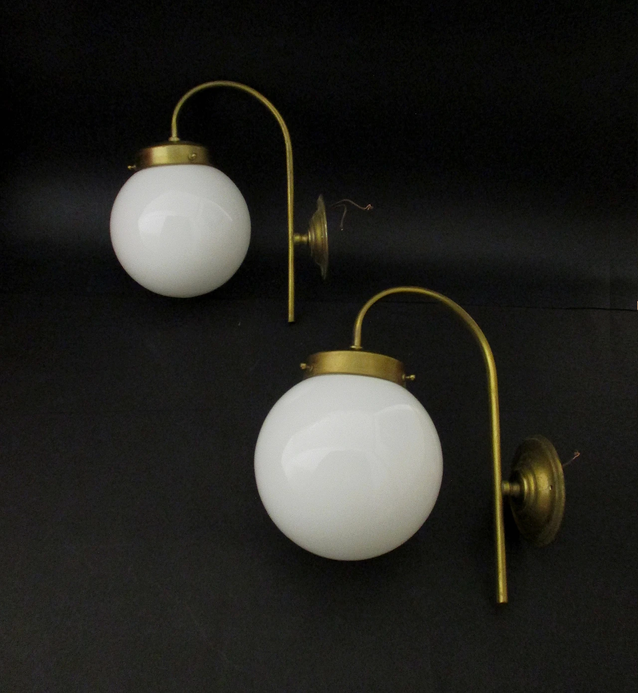 Pair of bistro style wall lights in brass and glass from the 1950s 3