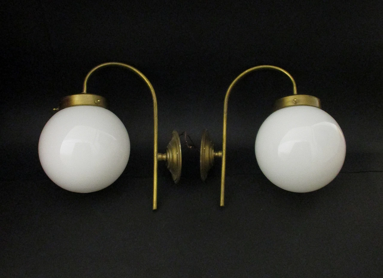 Pair of bistro style wall lights in brass and glass from the 1950s 4