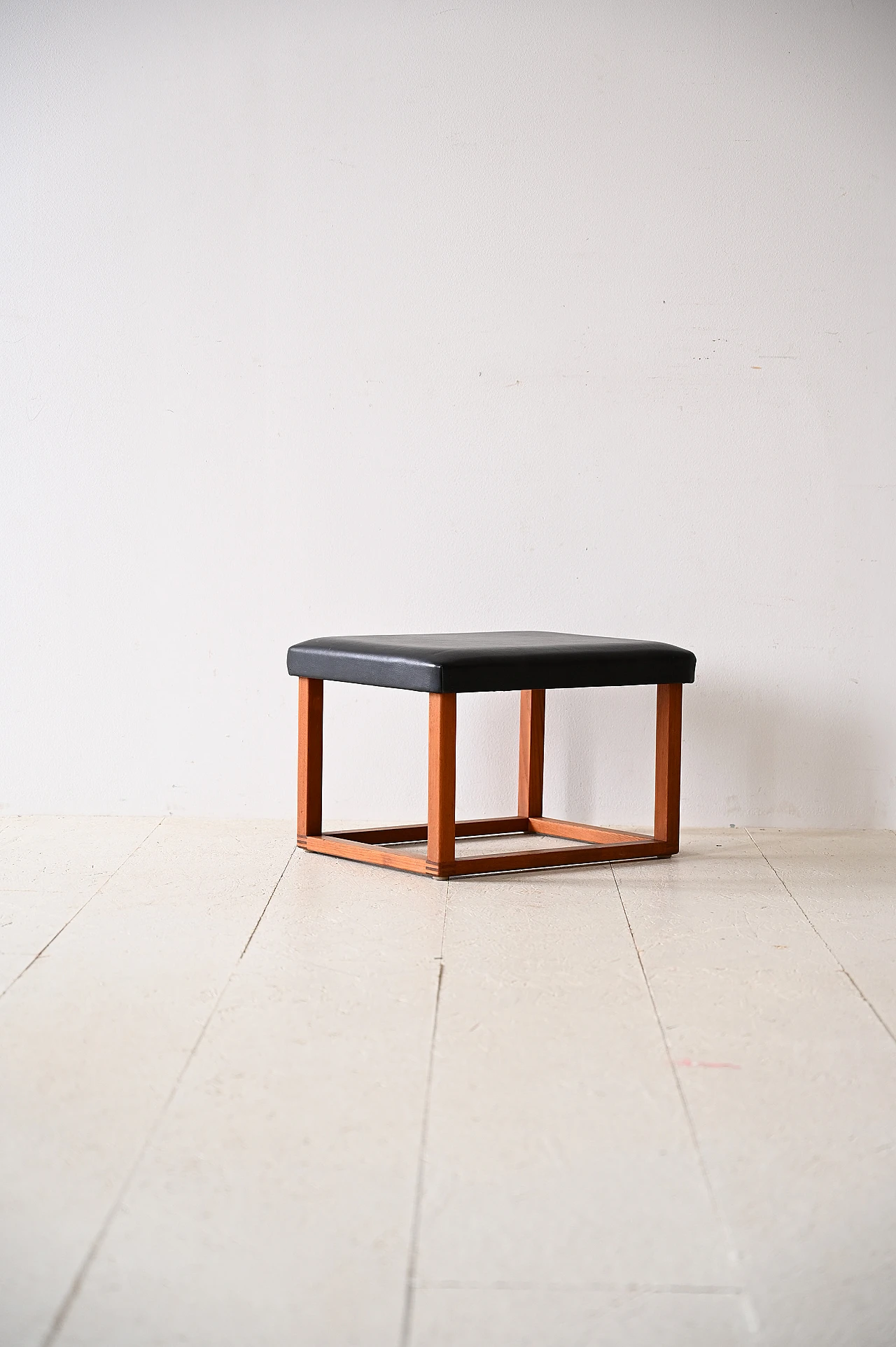 Scandinavian teak stool seat in eco-leather, 60s 1