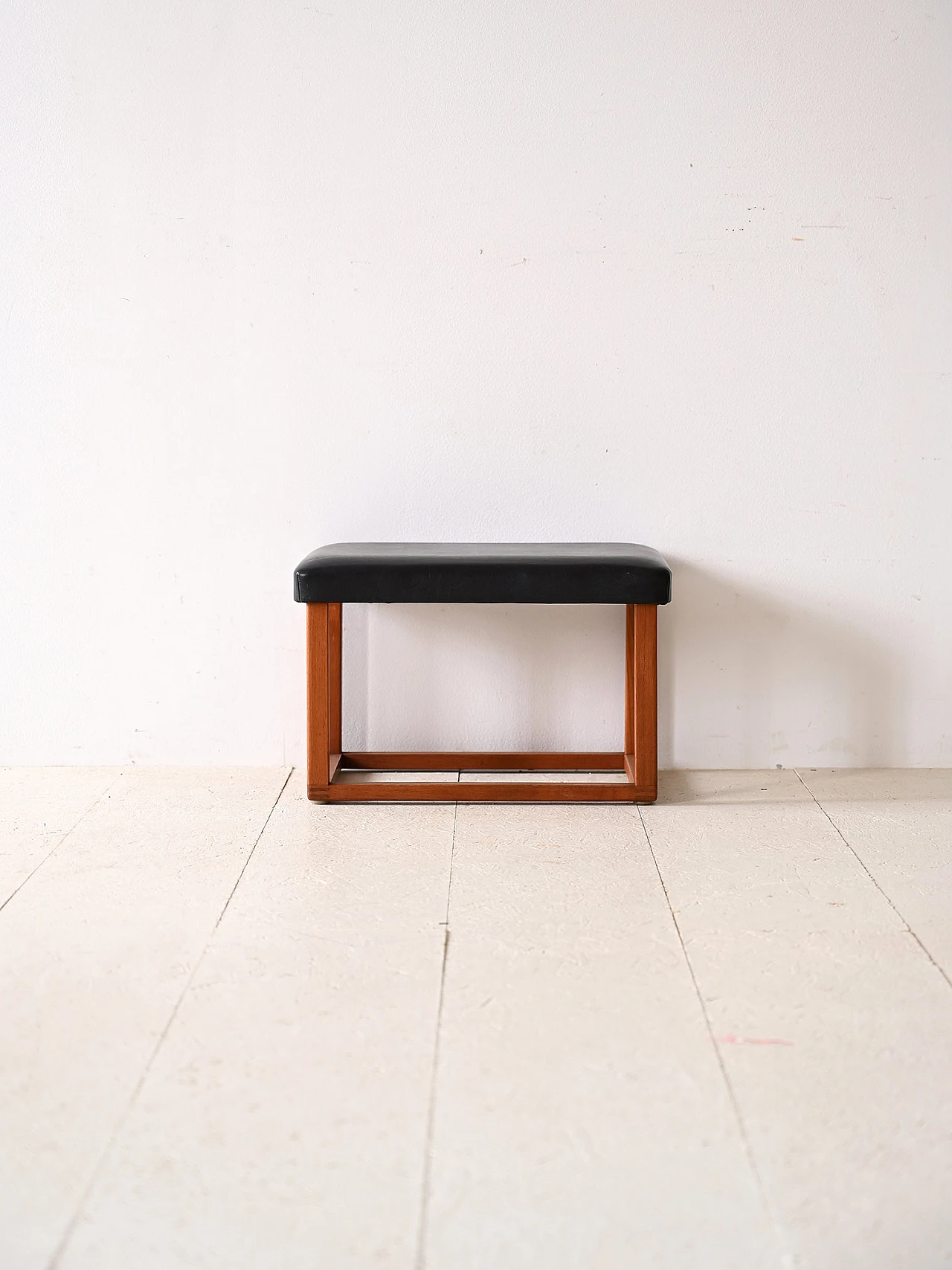 Scandinavian teak stool seat in eco-leather, 60s 2