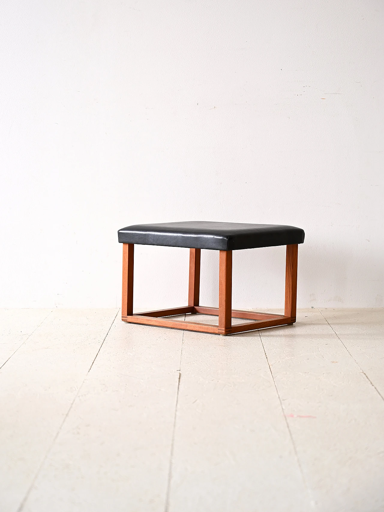 Scandinavian teak stool seat in eco-leather, 60s 4