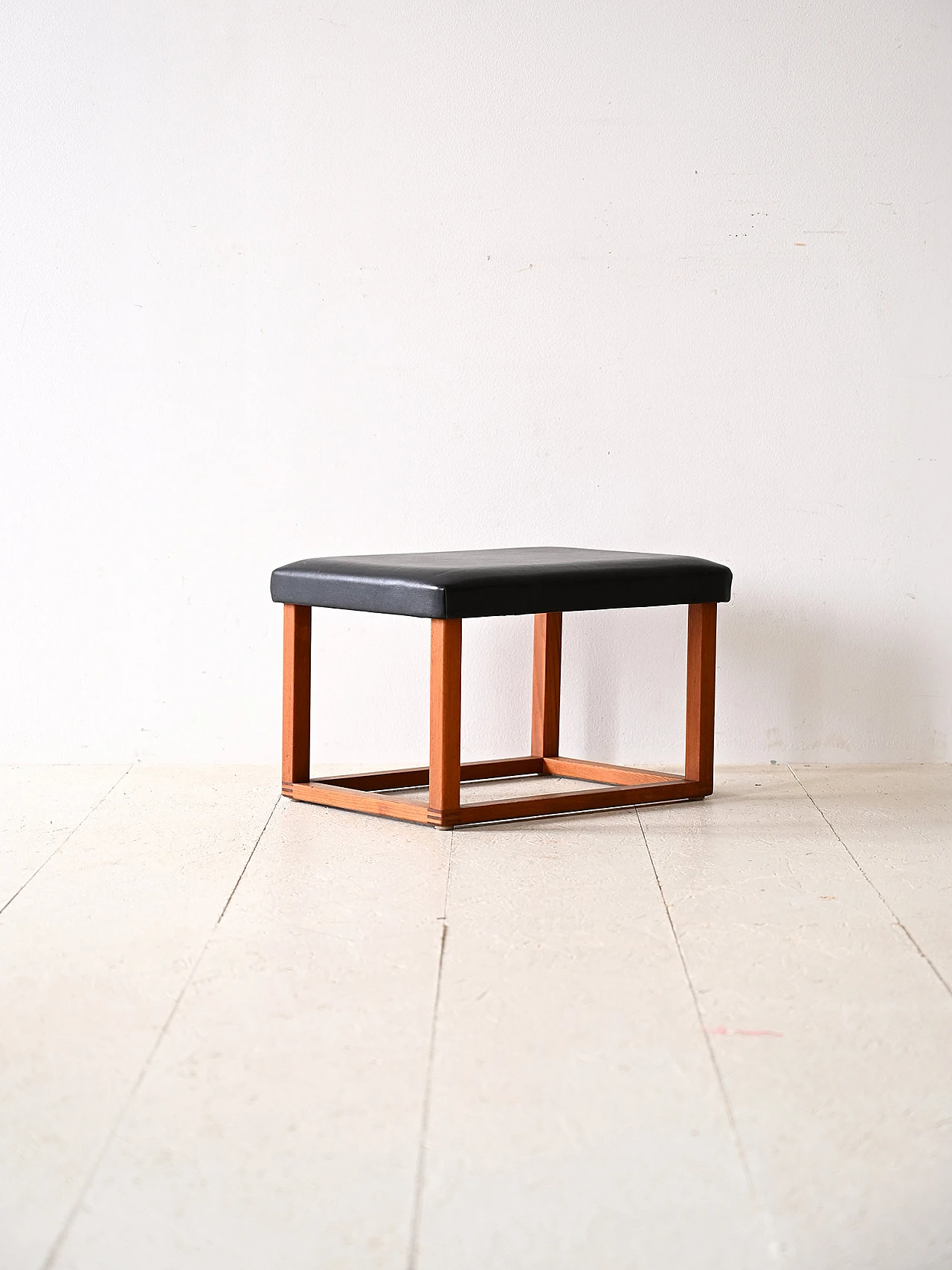 Scandinavian teak stool seat in eco-leather, 60s 5