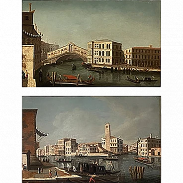 Francesco Tironi, Pair of Venetian views, framed oil, 18th century