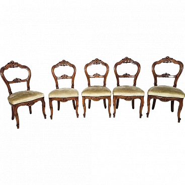 Set of 5 Louis Philippe chairs with green velvet seat, 19th century