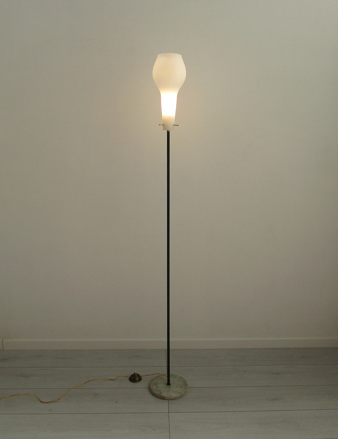 Stilnovo floor lamp in brass and opaline glass, 1950s 3