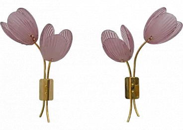 Pair of Tulips Murano glass and brass sconces, 2000s