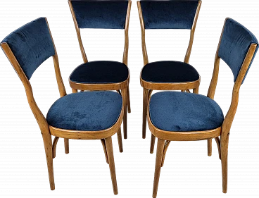 4 Art Deco blue velvet chairs, 1940s