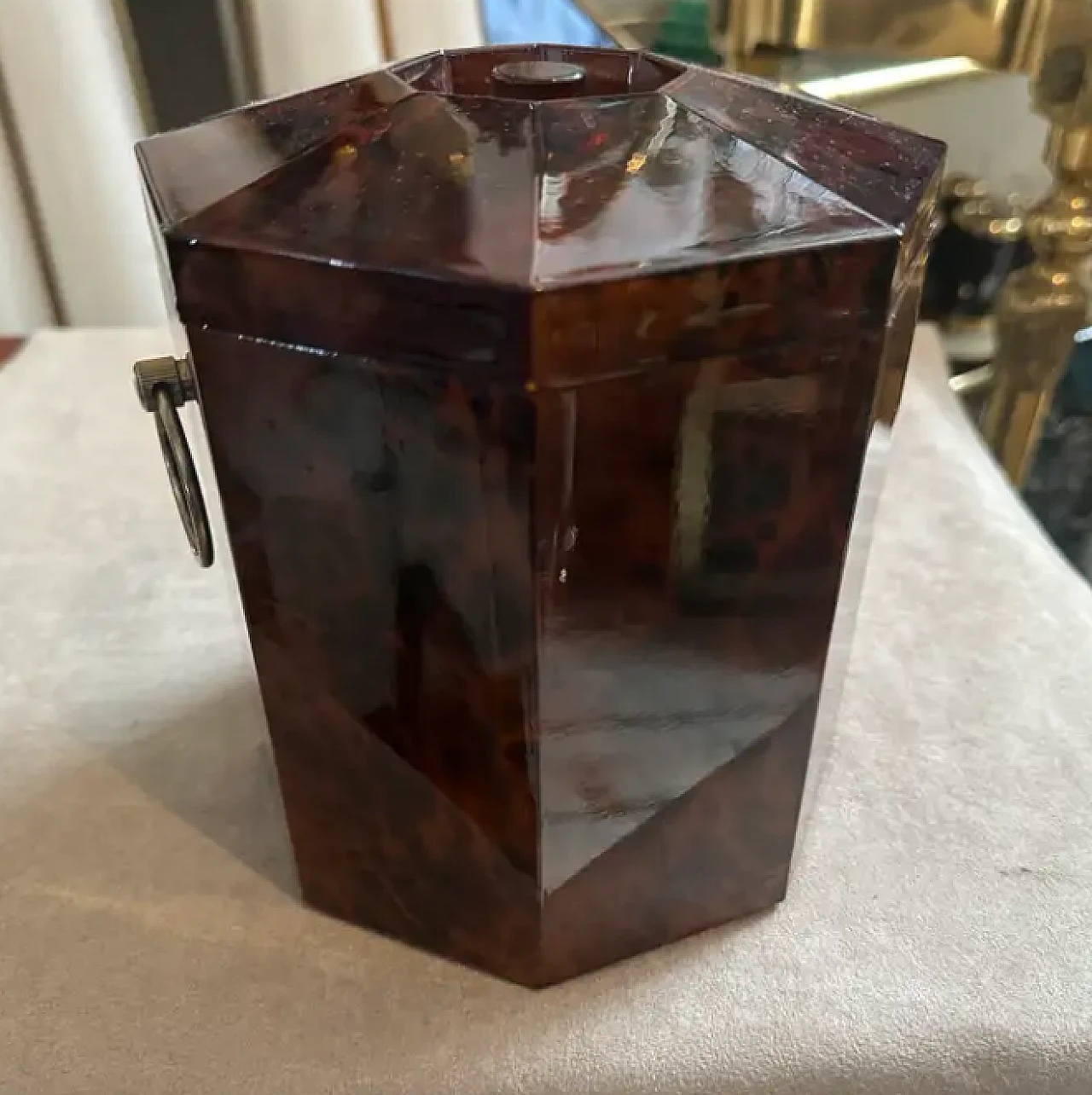 Secchiello per ghiaccio finto tartarugato in lucite e ottone, anni '70 2