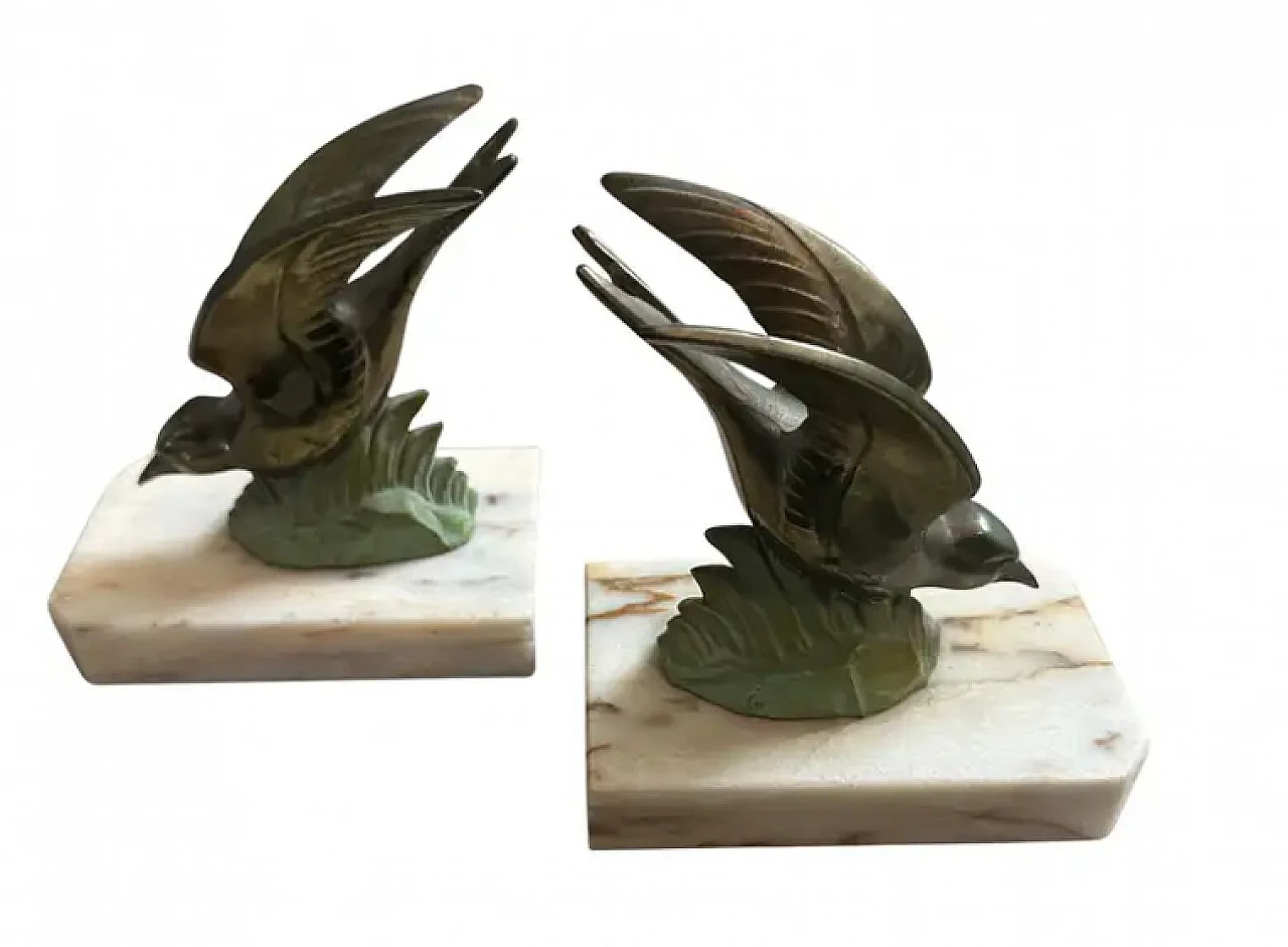 Pair of metal and marble birds french bookends, 1930s 1