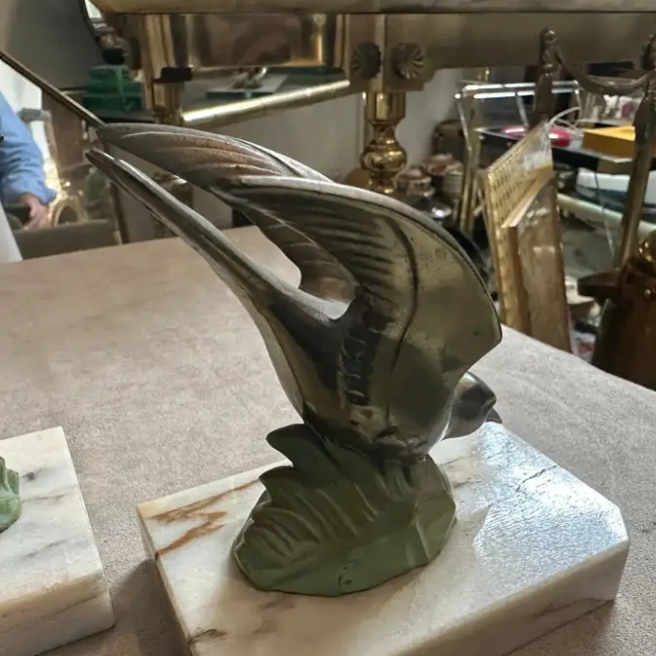 Pair of metal and marble birds french bookends, 1930s 5