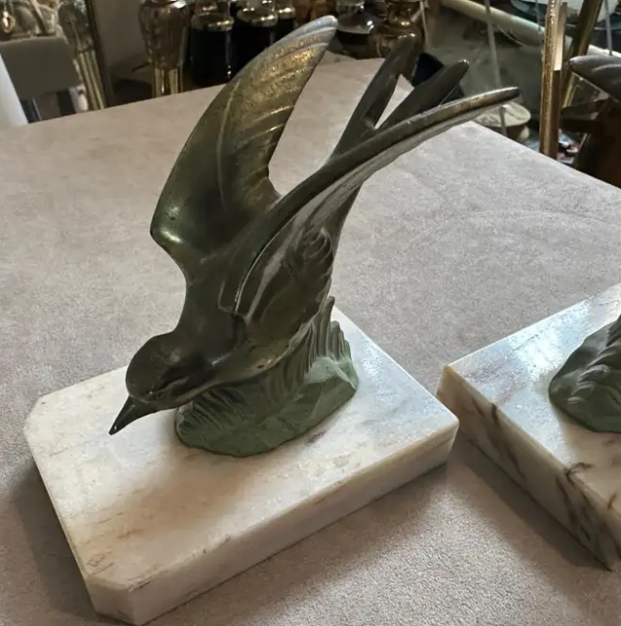 Pair of metal and marble birds french bookends, 1930s 6