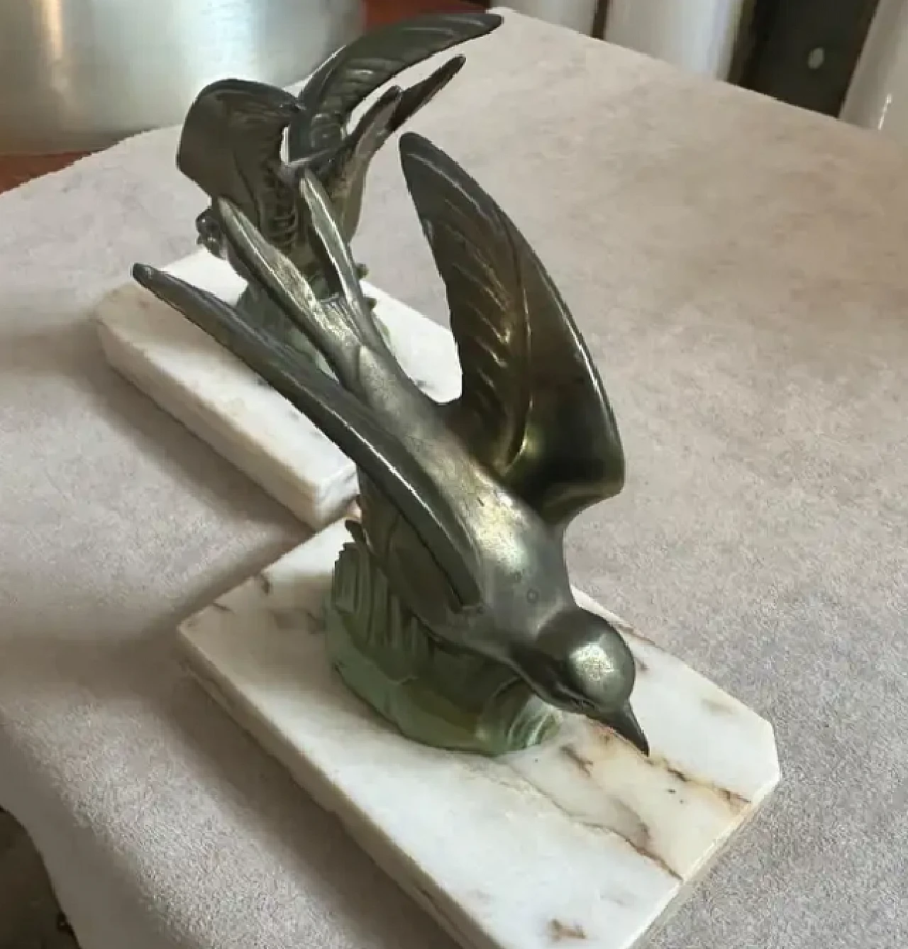 Pair of metal and marble birds french bookends, 1930s 8