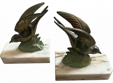 Pair of metal and marble birds french bookends, 1930s