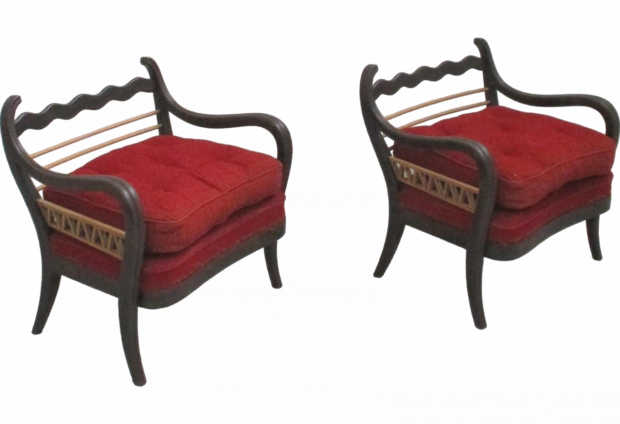 Pair of Paolo Buffa red armchairs in beech wood, 1940s 6