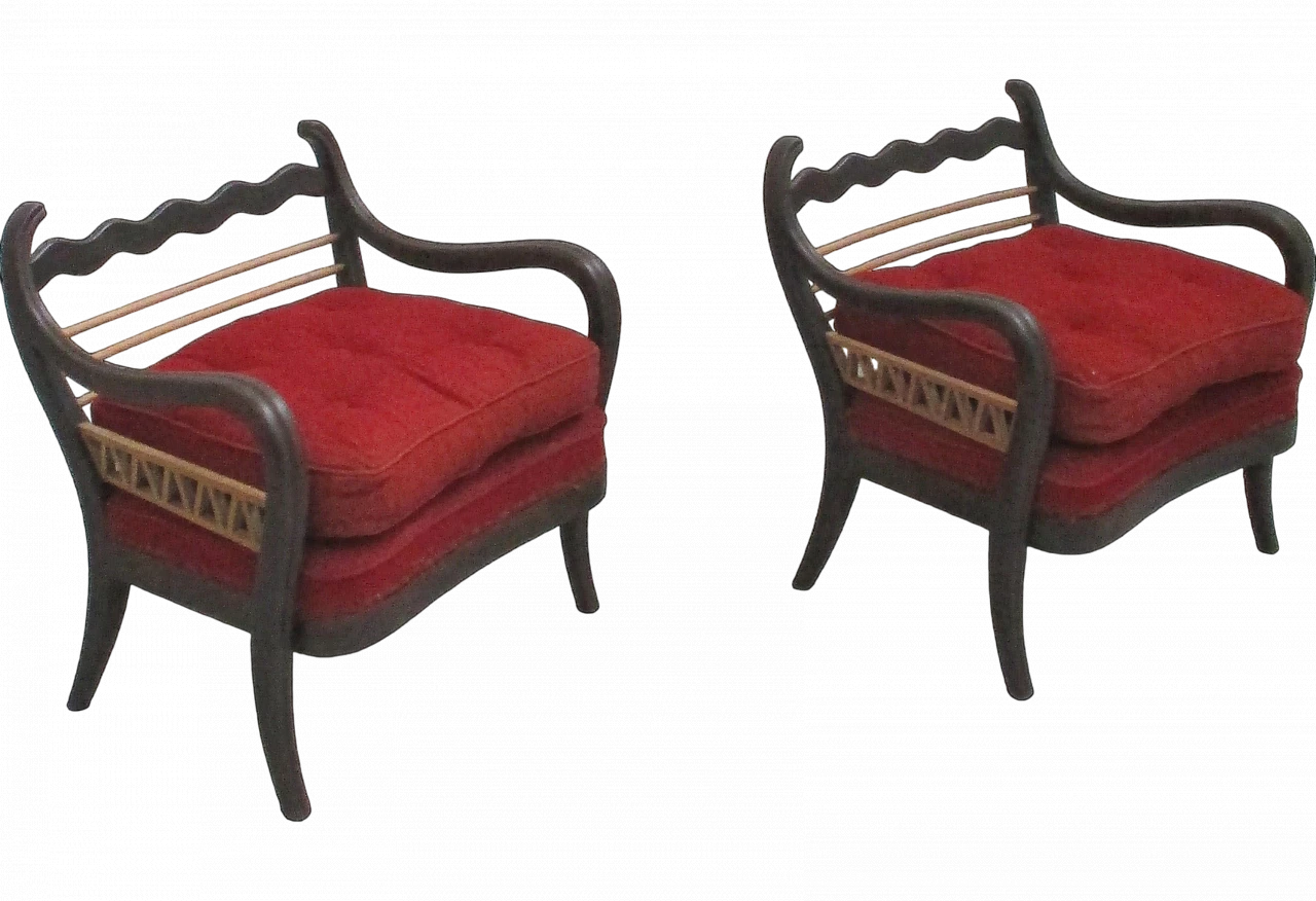 Pair of Paolo Buffa red armchairs in beech wood, 1940s 7