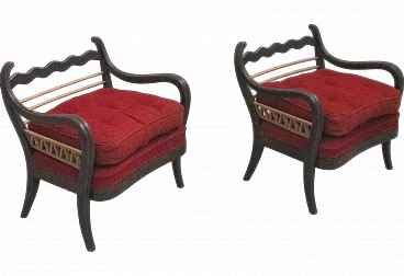 Pair of Paolo Buffa red armchairs in beech wood, 1940s