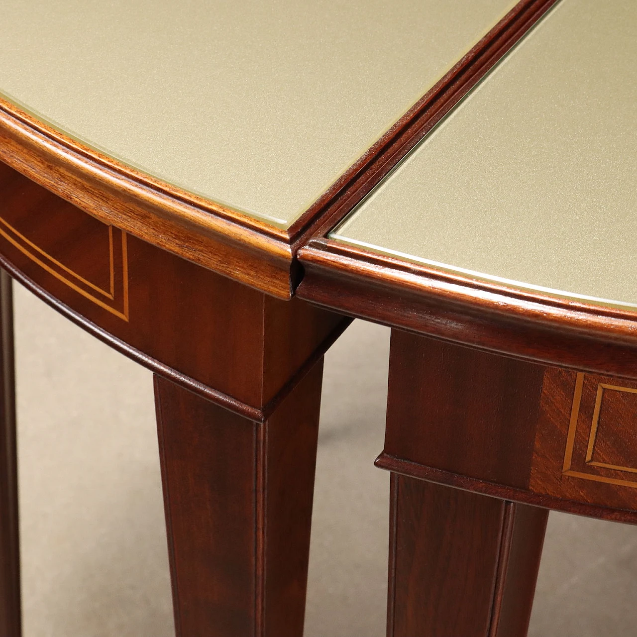 Pair of mahogany consoles with glass top, 1950s 7