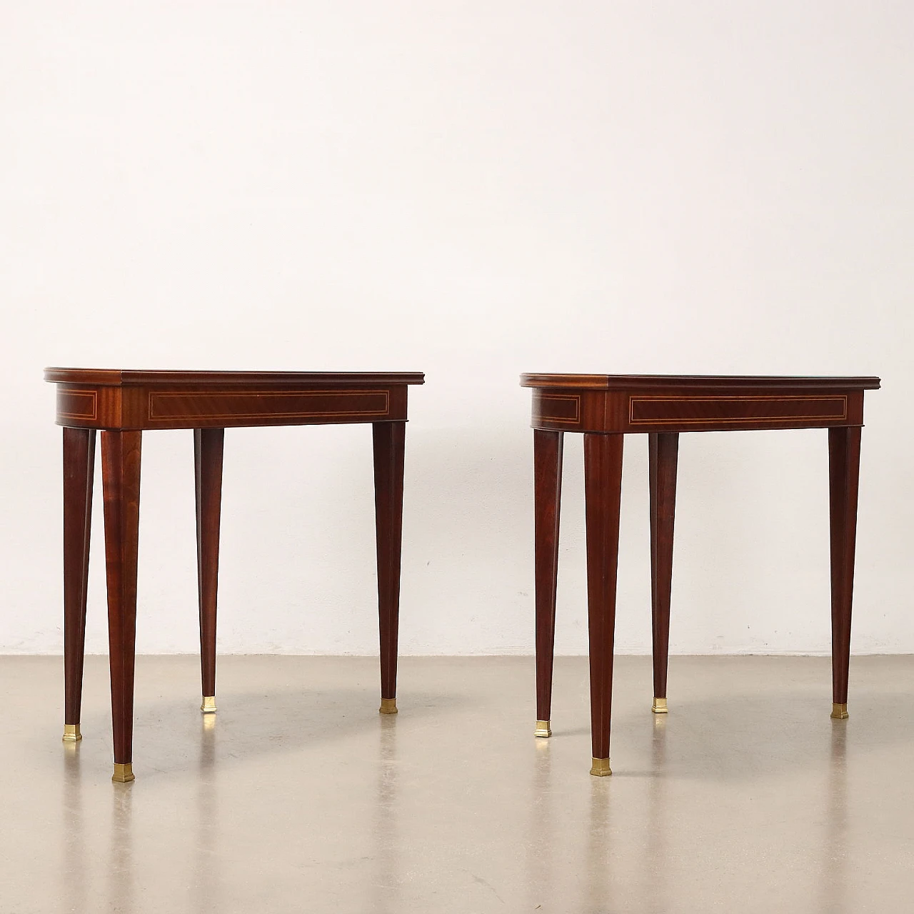 Pair of mahogany consoles with glass top, 1950s 10