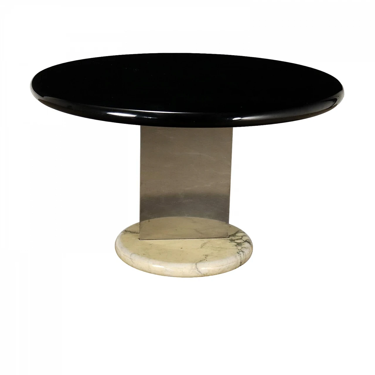 Table with marble and metal base and lacquered wood top, 1980s 1