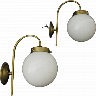 Pair of bistro style wall lights in brass and glass from the 1950s