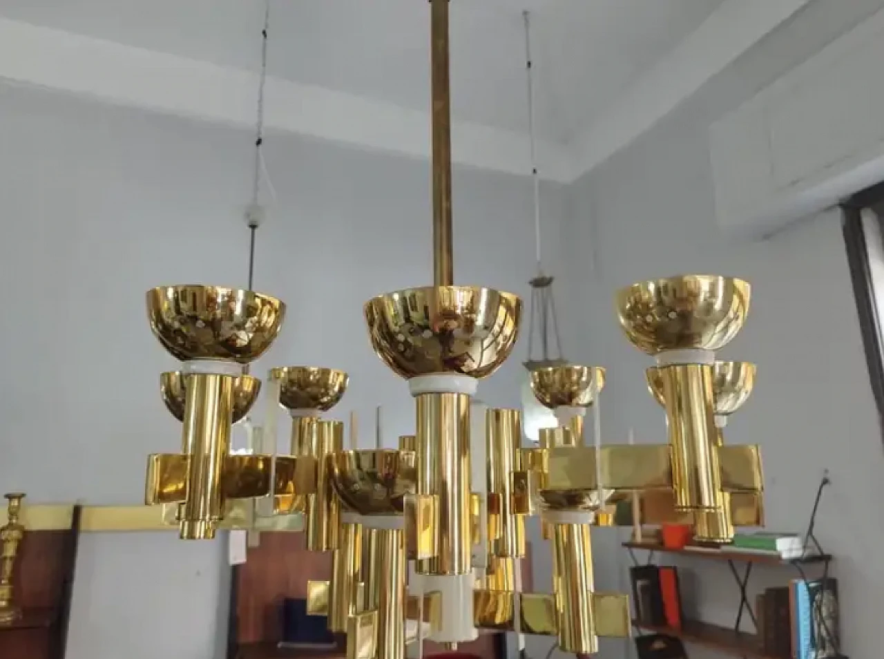 Brass and white painted metal chandelier, mid 20th century 2