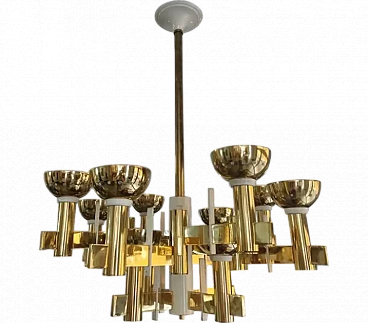 Brass and white painted metal chandelier, mid 20th century