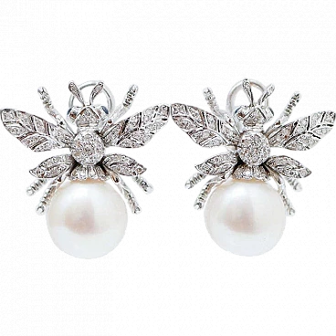 Sapphires, Diamonds, Pearls, 14 Karat White Gold Fly Earrings