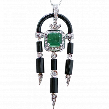 Emerald, Diamonds, Onyx, Platinum and White Gold Pendant Necklace.