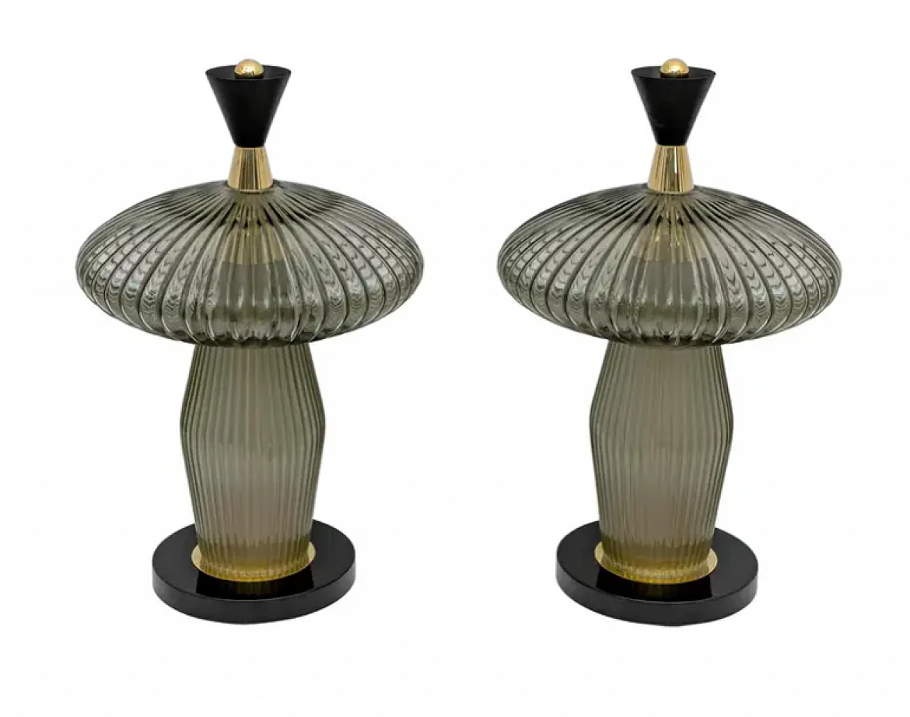 Pair of mushroom-shaped glass and brass lamps, 2000s 1