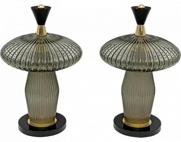 Pair of mushroom-shaped glass and brass lamps, 2000s