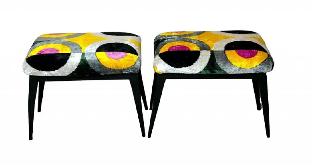 Pair of wood and silk velvet Ikat benches, 1950s 1