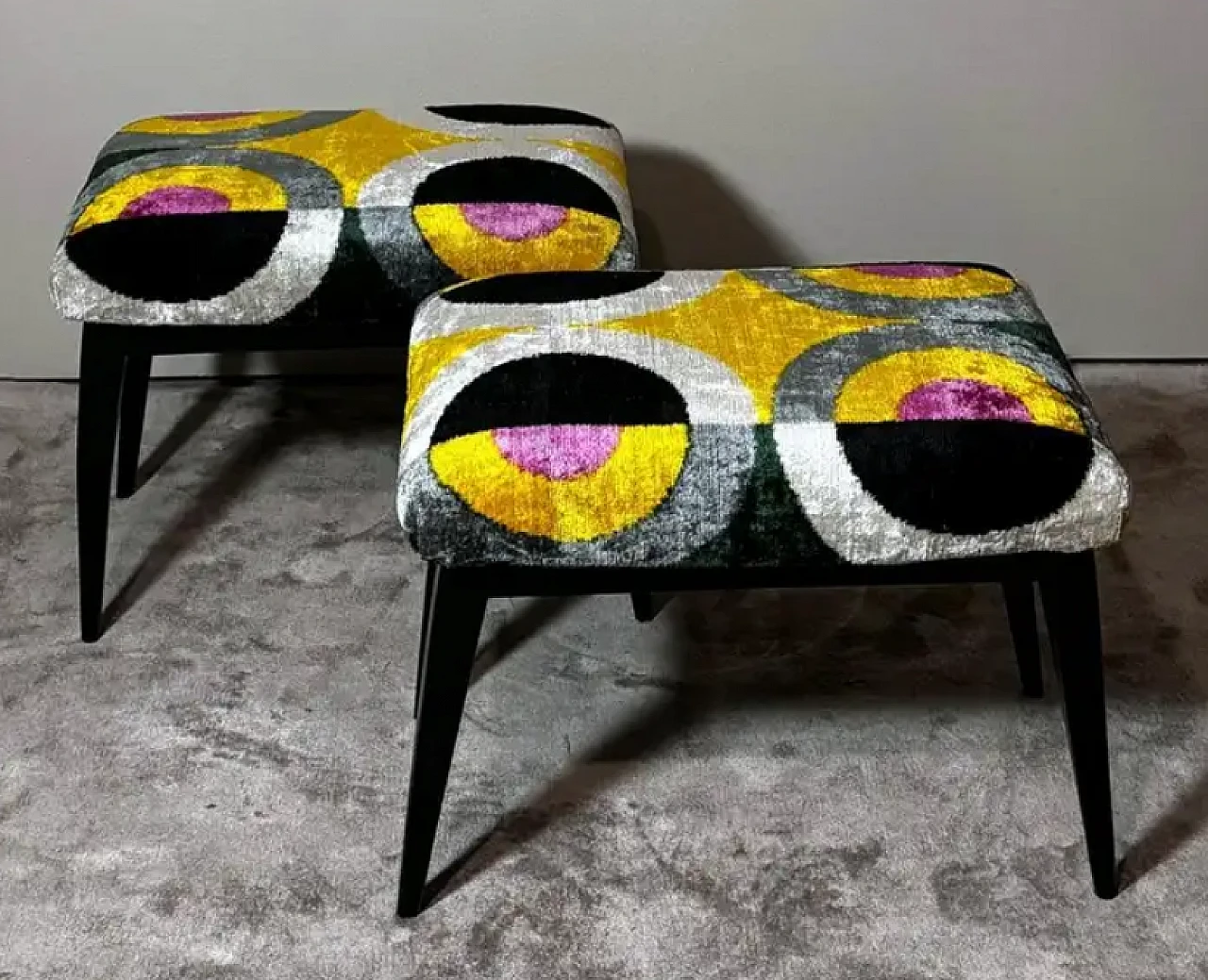 Pair of wood and silk velvet Ikat benches, 1950s 4